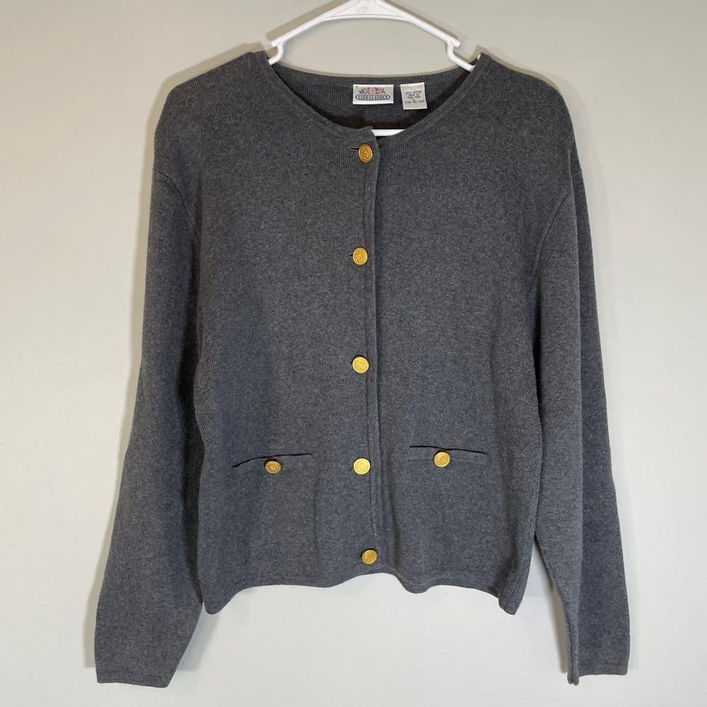 Club Classics Women Gray Cotton Knit Cardigan Gold Crest Buttons L 90s Academia